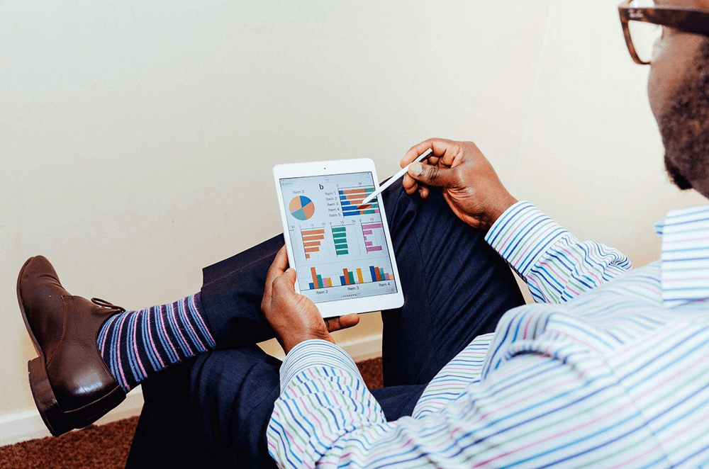 Business analytics dashboard on a tablet
