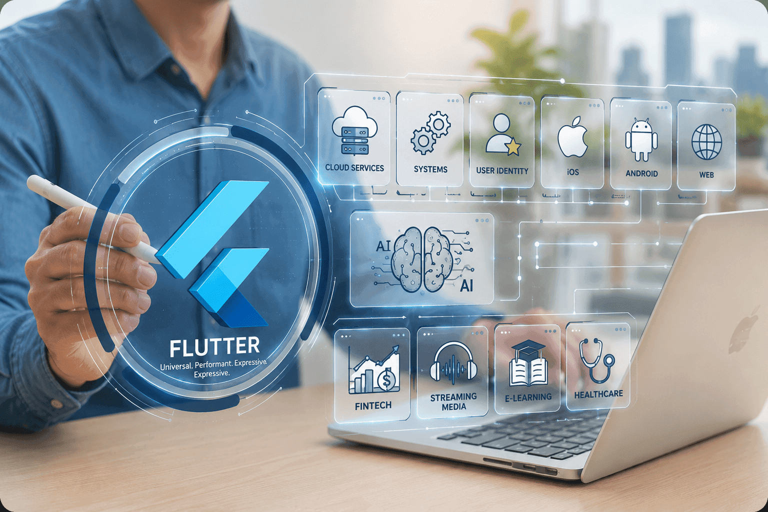 Flutter development capabilities across cloud services, systems, identity, iOS, Android, web, AI, and industry use cases